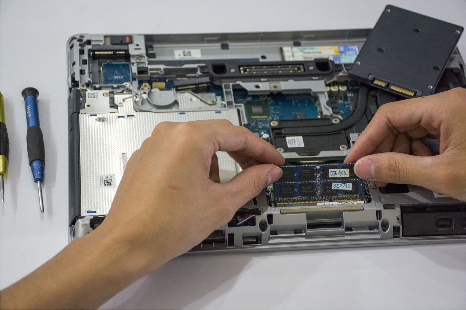 Hands fitting a memory module into an opened laptop, with screwdrivers beside it