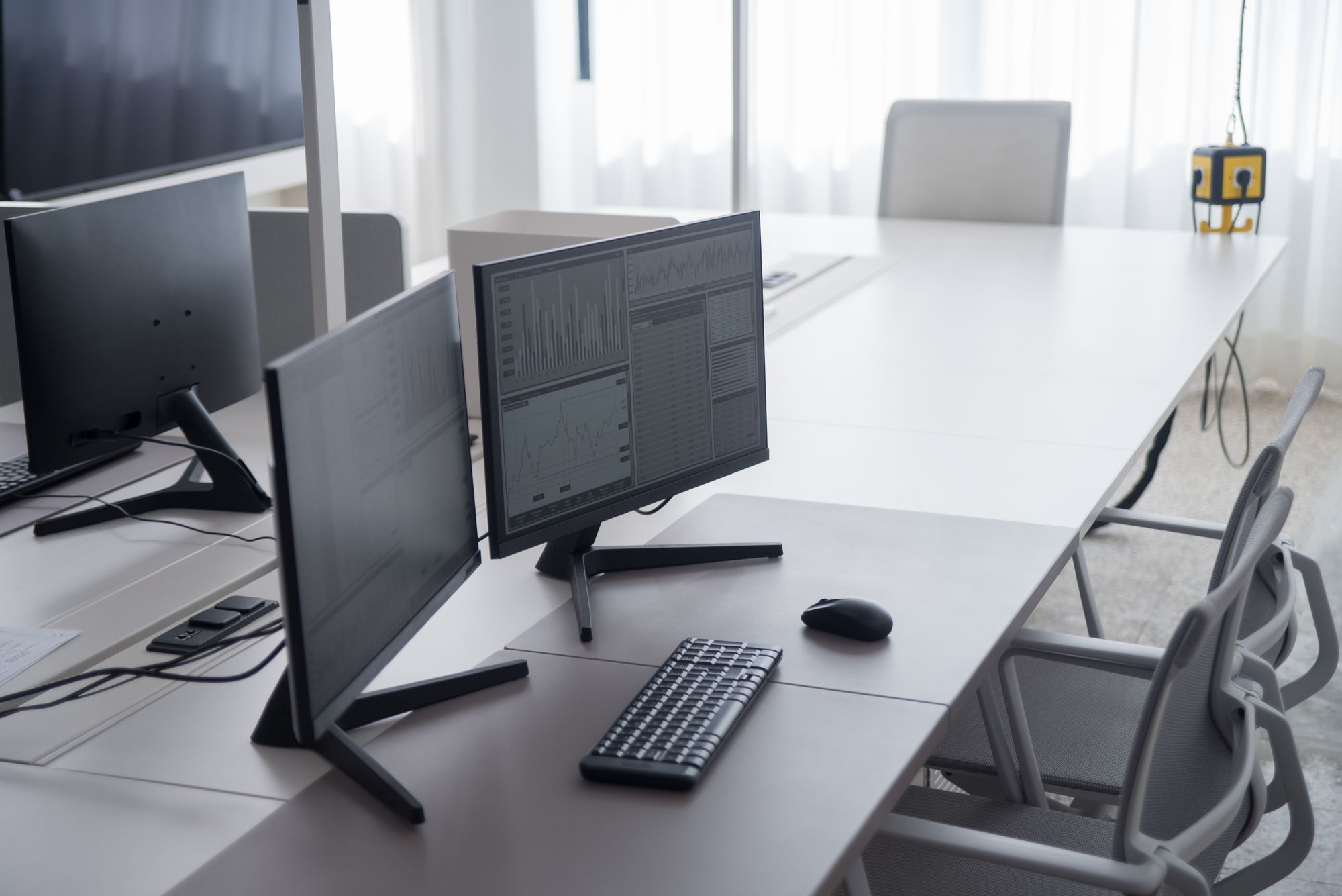 Empty office desks with monitors, a keyboard and mouse, and mesh chairs